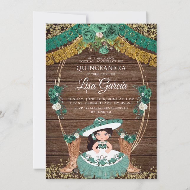 Invitación Cazador Verde Arranque Mexicano Charra Mis Quince (Anverso)