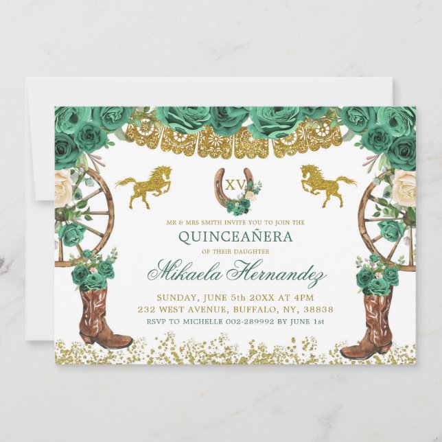Invitación Cazador Verde Occidental Charra Mis Quince Paisaje (Anverso)