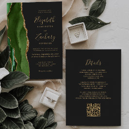 Invitación Cazador Verde Oro Ágata Oscuro Código QR Boda