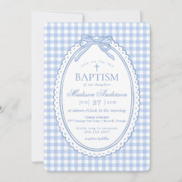 Invitación Cazadora de Gingham Azul con Lazo Bautizo