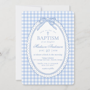 Invitación Cazadora de Gingham Azul con Lazo Bautizo