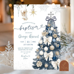 Invitación Cazadora de Invierno Azul con Lazo Navidad Bautizo