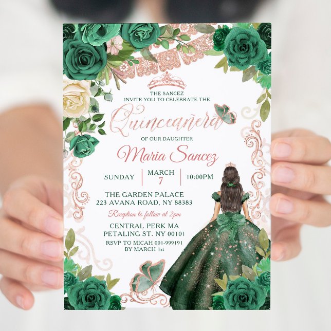 Invitación Cazadora de oro verde floral mexicana Rosa Quincea (Subido por el creador)