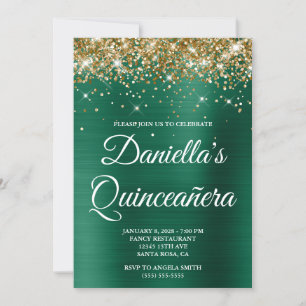 Invitación Cazadora de purpurina dorada Verde Foil Quinceañer