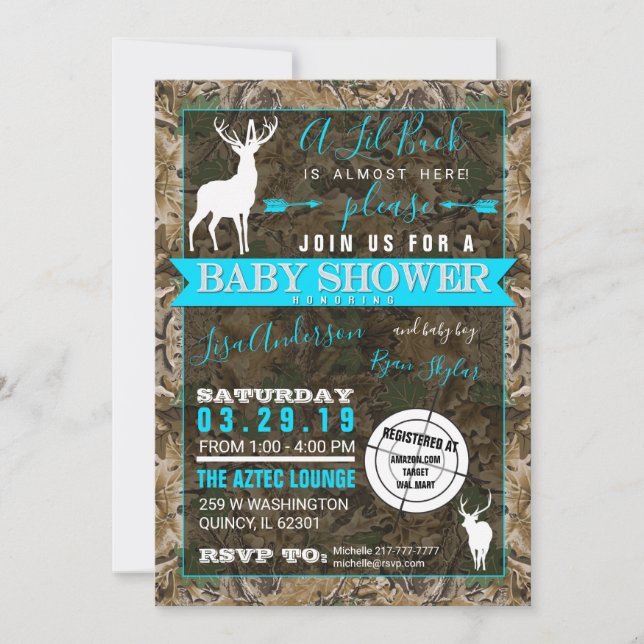 Invitación Cazando a Camo Boy Baby Shower Buck (Anverso)