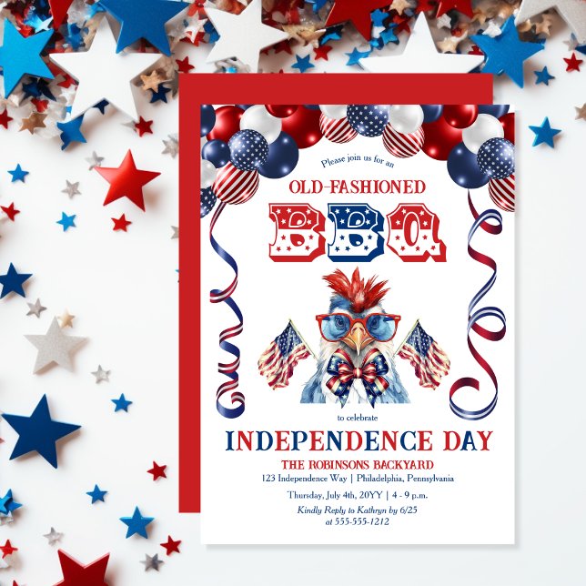 Invitación CBQ Día de la Independencia de las gafas de sol de (Balloon Arch Cute Cool Chicken Sporting Sunglasses Independence Day BBQ July 4 Invitation)