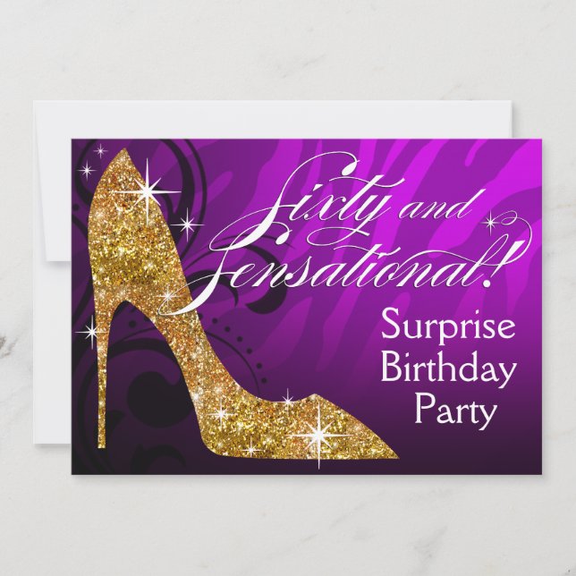 Invitación Cebra 60 del estilete del purpurina y cumpleaños (Anverso)