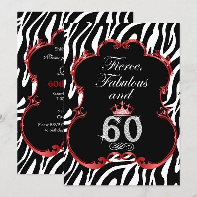 Invitación Cebra 60 y Cumpleaños Fabuloso Bling (Anverso / Reverso)