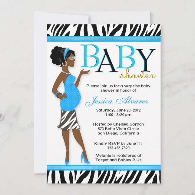 Invitación Cebra azul Baby Shower de la mamá moderna (Anverso)