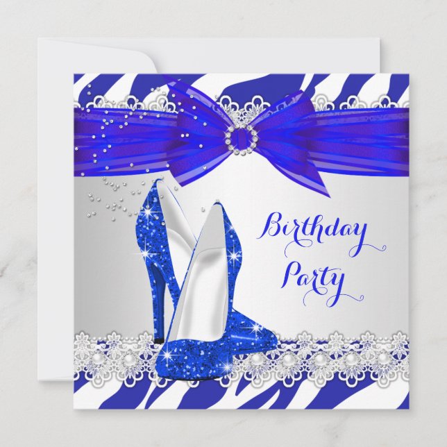Invitación Cebra Azul Blanco Azul Talón Encaje Perla Cumpleañ (Anverso)