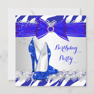 Invitación Cebra Azul Blanco Azul Talón Encaje Perla Cumpleañ