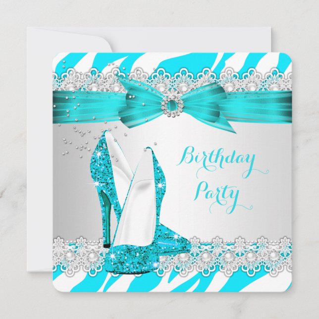 Invitación Cebra Azul Tacón Alto Encaje Perla Cumpleaños (Anverso)