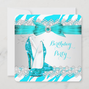 Invitación Cebra Azul Tacón Alto Encaje Perla Cumpleaños