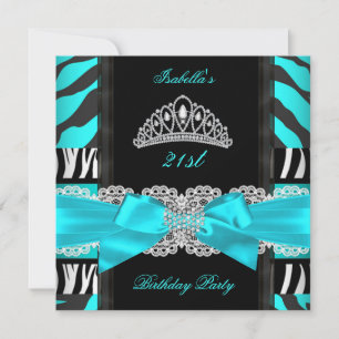 Invitación Cebra Azul Turquesa Negro Blanco Tiara Cumpleaños 