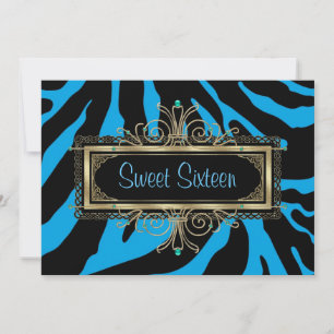 Invitación Cebra Azul Turquesa Negro Dorado Cumpleaños Dulces