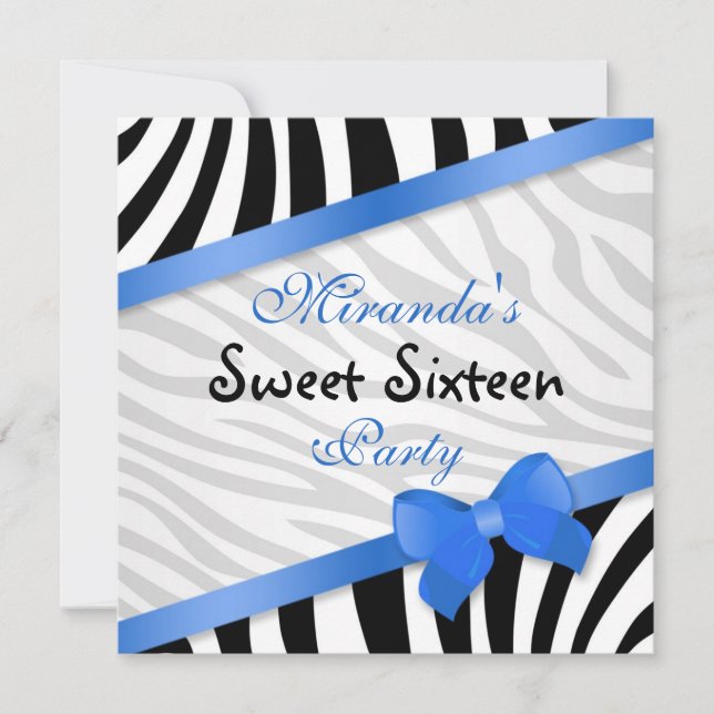 Invitación Cebra blanca negra, cinta azul impresa Sweet 16 (Anverso)
