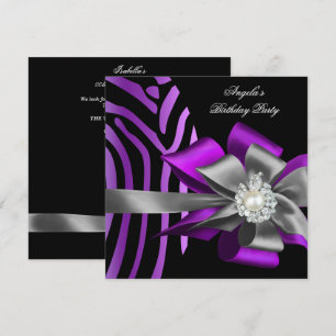 Invitación Cebra Cumpleaños 2 Purpura Negro Plata Arco Perla