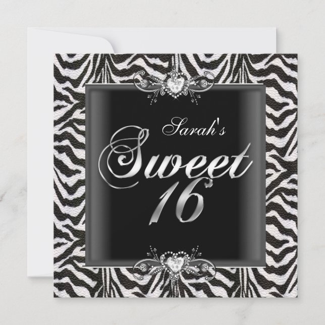 Invitación Cebra Cumpleaños Dulces Dieciséis 16 Negro Blanco (Anverso)