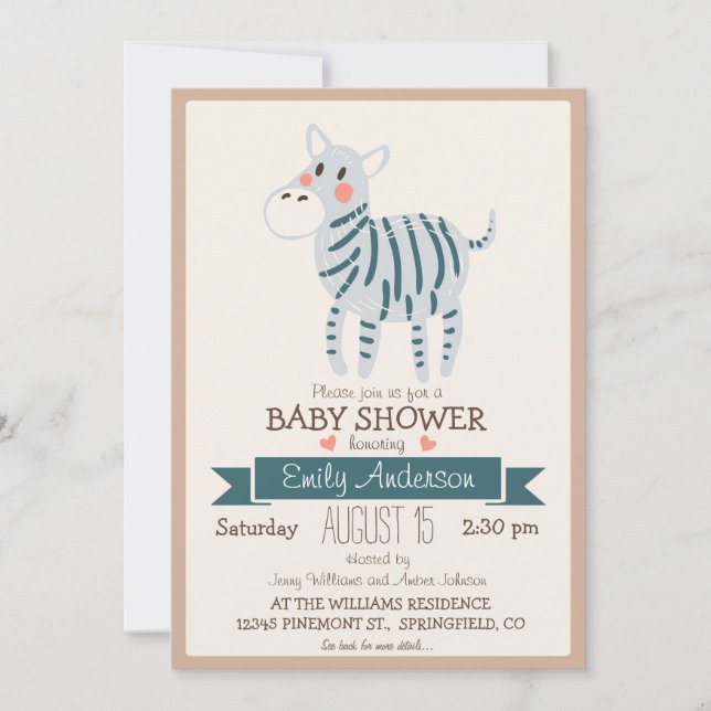 Invitación Cebra Cute, Baby Shower animal zoológico de la jun (Anverso)