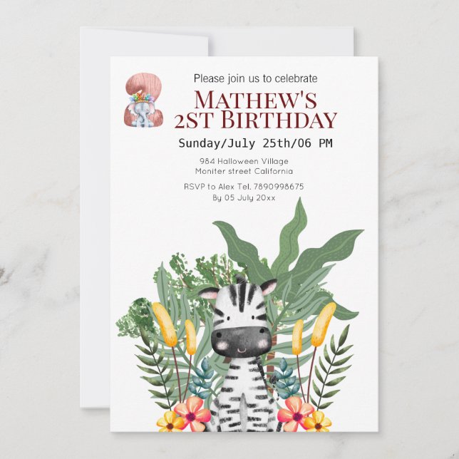 Invitación Cebra de Safari y elefante de segundo cumpleaños (Anverso)