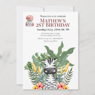 Invitación Cebra de Safari y elefante de segundo cumpleaños
