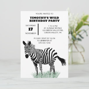 Invitación Cebra en blanco y negro en la fiesta de hierba