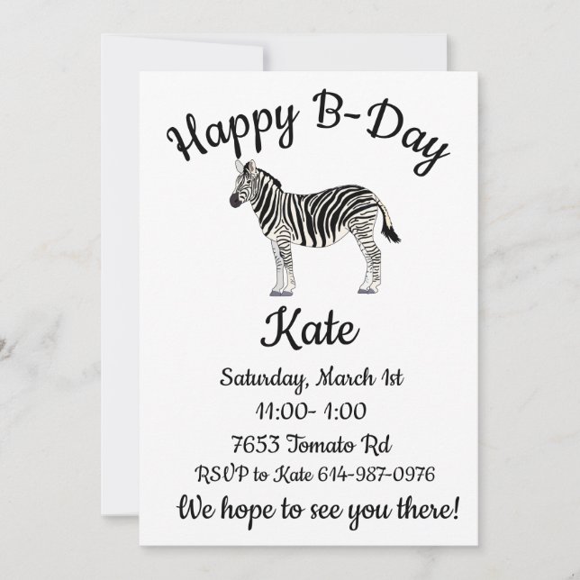 Invitación Cebra feliz B-day (Anverso)
