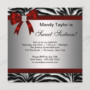 Invitación Cebra Lazo Rojo Fancy Sweet Dieciséis