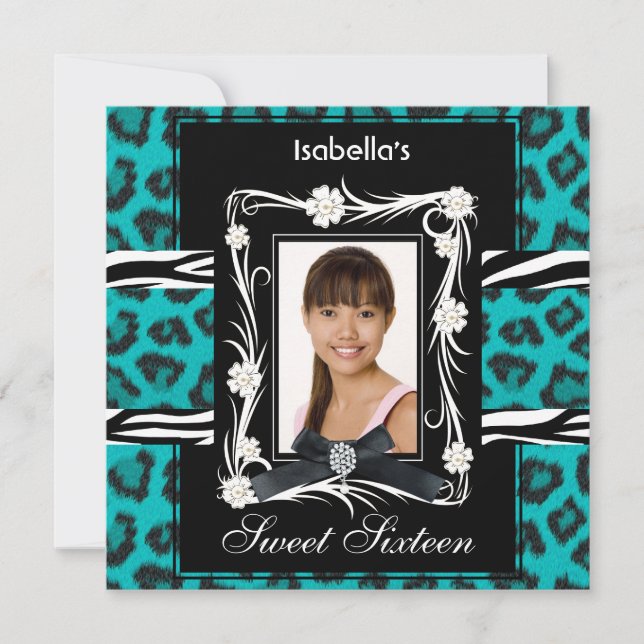 Invitación Cebra Leopardo Verde Teal Dulces Dieciséis 16 Negr (Anverso)
