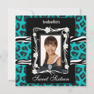 Invitación Cebra Leopardo Verde Teal Dulces Dieciséis 16 Negr