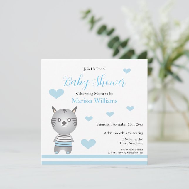 Invitación Cebra Niña Bebé Corazones Azules (Anverso de pie)