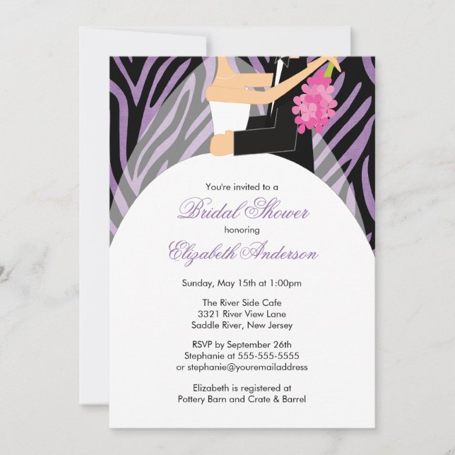 Invitación Cebra nupcial de la púrpura del novio de la novia (Anverso)