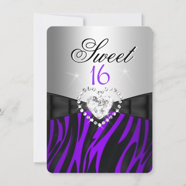 Invitación Cebra Purpura Plata Dulces 16 Dieciséis Cumpleaños (Anverso)