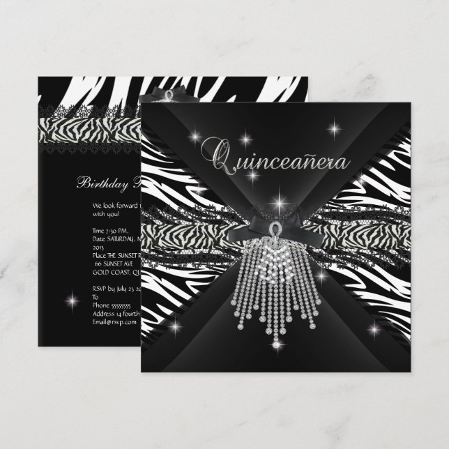Invitación Cebra Quinceanera 15ª Lácea blanca de cebra negra  (Anverso / Reverso)