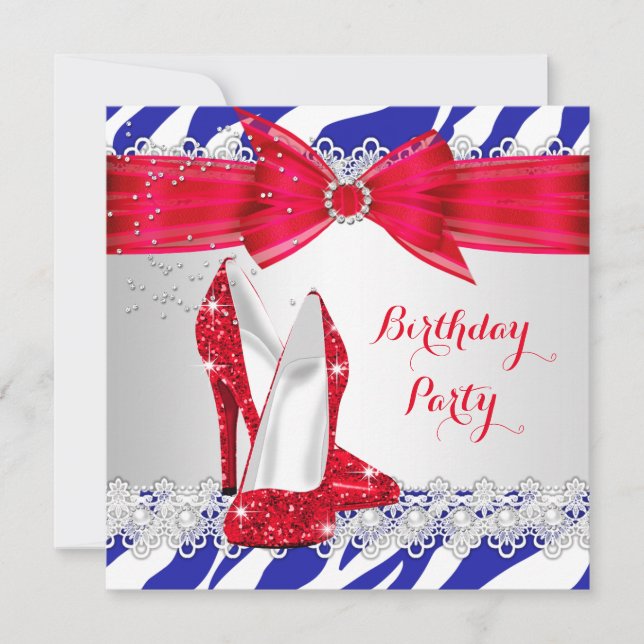 Invitación Cebra Rojo Blanco Azul Tacón Cordón Cumpleaños Per (Anverso)