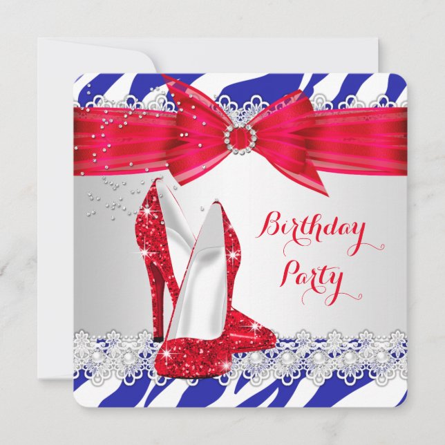 Invitación Cebra Rojo Blanco Azul Tacón Cordón Perla Cumpleañ (Anverso)