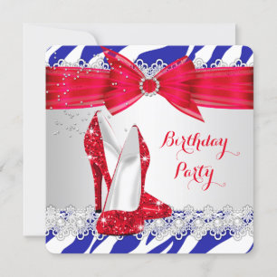 Invitación Cebra Rojo Blanco Azul Tacón Cordón Perla Cumpleañ