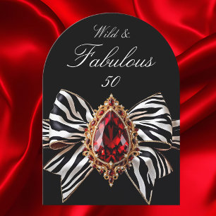 Invitación Cebra Salvaje Fabuloso Cumpleaños 50 Lazo Rojo Joy
