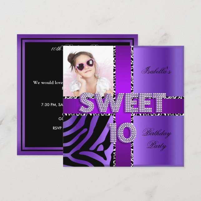 Invitación Cebra Vaca Morado Negro Cumpleaños Dulce 10 10º (Anverso / Reverso)