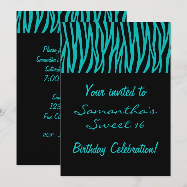 Invitación Cebra Verde azulada personalizado (Anverso / Reverso)