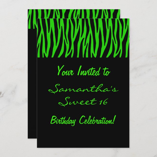 Invitación Cebra Verde Personalizada (Anverso / Reverso)