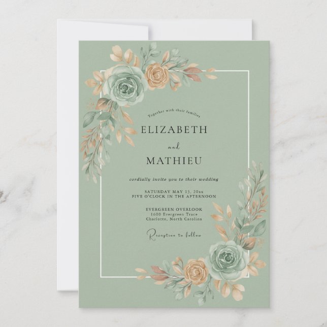 Invitación Celadon Aqua Flor de Boda (Anverso)