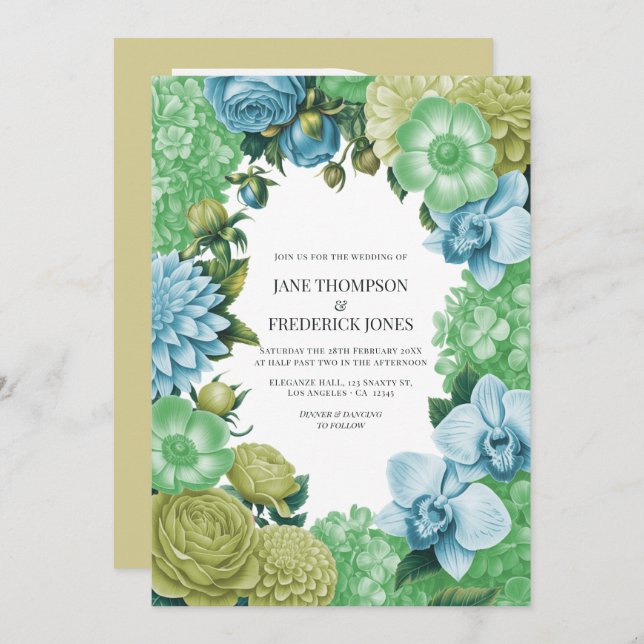 Invitación Celadon Mist, Soft Fern & Porcelain Blue Wedding (Anverso / Reverso)