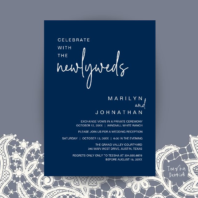 Invitación Celebra Con Los Novios, Recepción De Boda (Celebrate With The Newlyweds, Wedding Reception Dinner Invitation Card in Navy Blue)