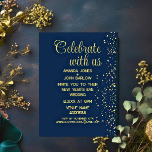 Invitación Celebra Con Nosotros Año Nuevo en Oro y Azul Marin