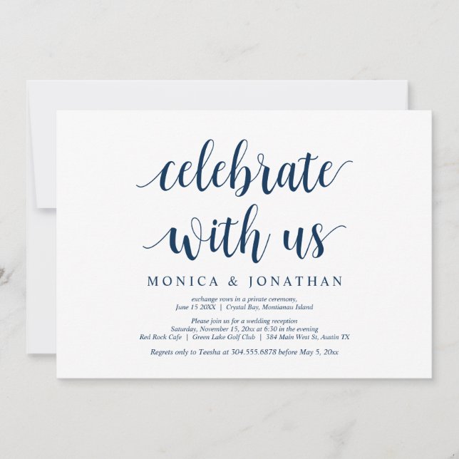 Invitación Celebra con nosotros, Azul Marino, Huida de Boda (Anverso)