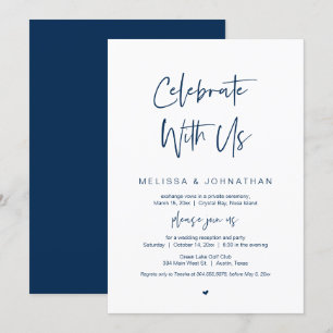 Invitación Celebra con nosotros, Azul Marino, Huida de Boda