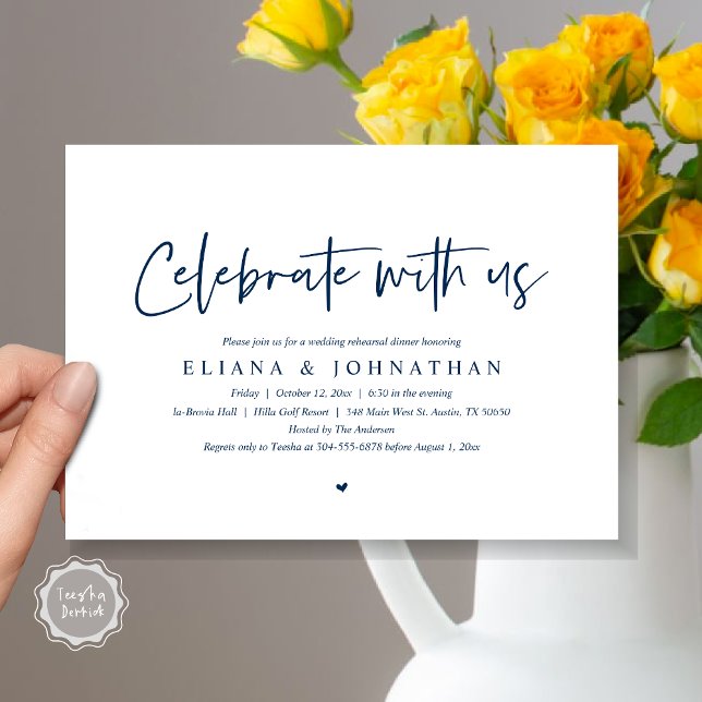 Invitación Celebra con nosotros, Boda de Ensayo Invita (Celebrate with us, Wedding Rehearsal Dinner Invitation Card, PDF, Modern Casual, in Navy Blue)