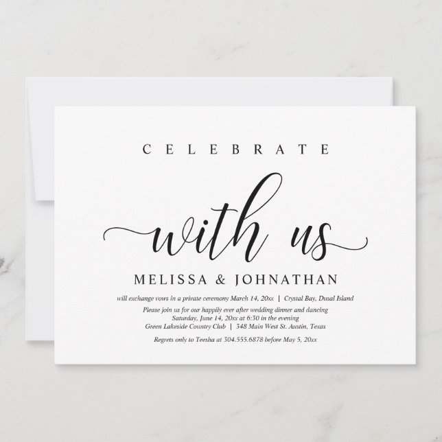 Invitación Celebra con nosotros, Boda Elopement Dinner (Anverso)
