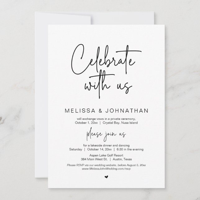 Invitación Celebra con nosotros, Boda Elopement Dinner (Anverso)
